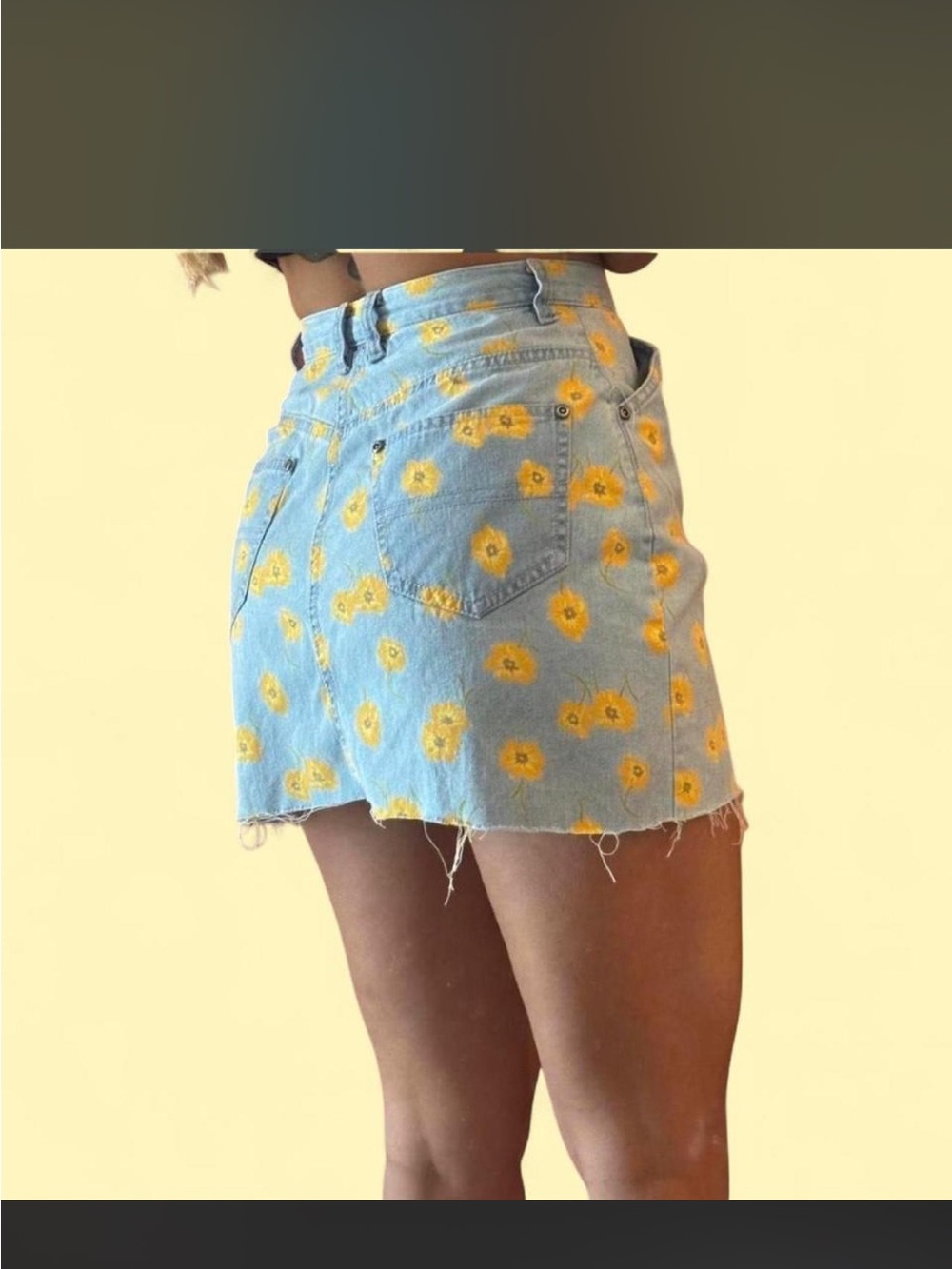 Liz Claiborne Blue Denim High Rise Mini Skirt with Yellow Floral Accents